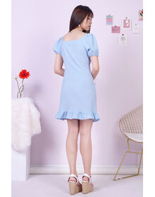 Fine Square Neckline Button Down Casual Fishtail Grid Textured Dress (Light Blue)